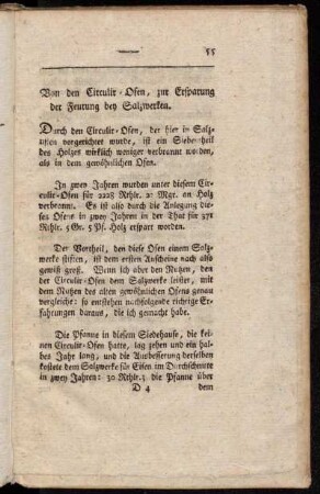 Von den Circulir-Ofen, zur Ersparung der Feurung bey Salzwerken.