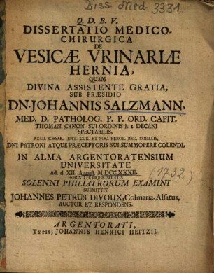 Dissertatio Medico Chirurgica De Vesicae Vrinariae Hernia