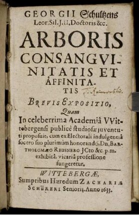 Georgii Schultzens ... Arboris Consanguinitatis Et Affinitatis Brevis Expositio : Quam In celeberrima Academia Wittebergensi publice studiosae iuventuti proposuit, cum ex Electorali indulgentia socero suo plurimum honorando, Dn. Bartholomaeo Reusnero ... exhibita, vicaria professione fungeretur