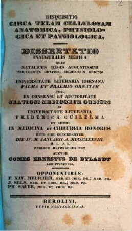 Disquisitio circa telam cellulosam anatomica, physiologica et pathologica : Diss. inaug. med.
