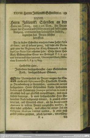XXVIII. Herrn Jablonski Schreiben an den Herrn von Leibnitz, vom 20ten Mertz, sein Project wegen der Societät und Observatorii ...