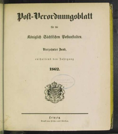14.1862: Post-Verordnungsblatt für die Königlich Sächsischen Postanstalten