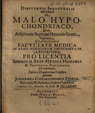 Dispvtatio Inavgvralis Medica De Malo Hypochondriaco