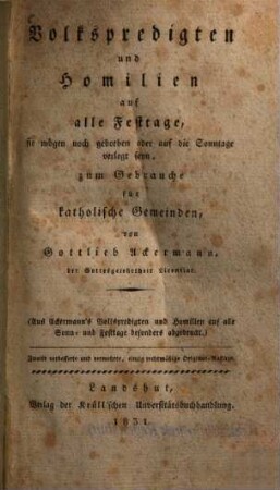 Volkspredigten und Homilien auf alle Festtage, ... zum Gebrauche für katholische Gemeinden