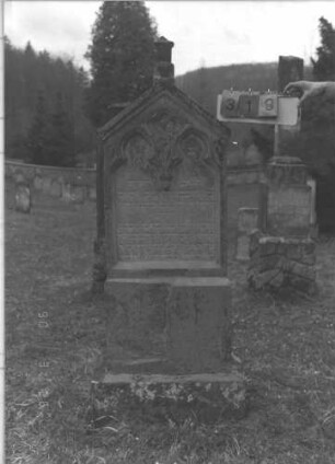Grabstein 319 (Index: 100009363) Zustand: Vorderseite zum Teil stark verwittert Maße HxBxT: 114x57x18 cm: Grabstein 319