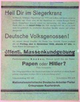 Programmatischer Wahlaufruf gegen Papen und pro Hitler als Einladung zur Massenkundgebung mit Rede zum Thema "Papen oder Hitler?"