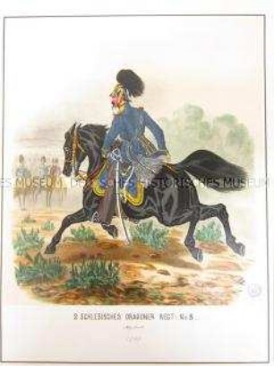 Uniformdarstellung, Adjutant des 2. Schlesischen Dragoner-Regiments No. 8 zu Pferd, Preußen, 1864. Tafel 75 aus: Schindler: Militair-Album.
