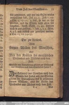 Der 3te Articul. Vom freyen Willen des Menschen, oder Von den Kräften des menschlichen Verstandes und Willens nach dem Fall.