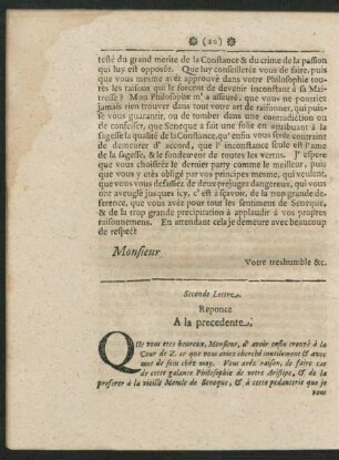 Seconde Lettre. Reponce A la precedente.
