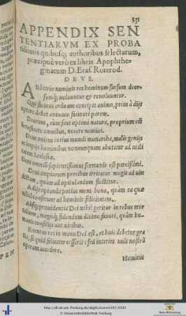 Appendix Sententiarum Ex Probatissimis quibusque authoribus selectarum