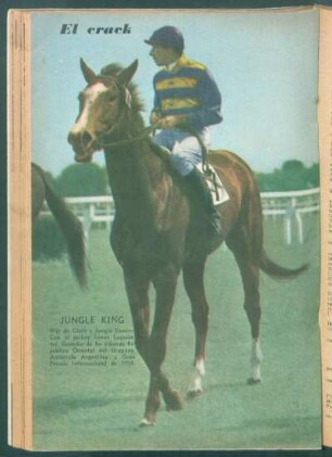 El crack: Jungle King, hijo de Claro y Jungle Dancer. Con el jockey Irineo Leguisamo [...] - [Fotografía]