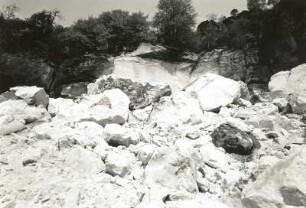Sächsische Schweiz. Felssturz am Papststein am 17.01.1972. Abrißnische, Schuttkegel und Forstschäden an der Südseite oberhalb Papstdorf
