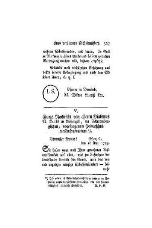 Kurze Nachricht von Herrn Diakonus M. Burks in Liebenzell, im Wirtembergischen, angefangenem Privatschulmeisterseminarium