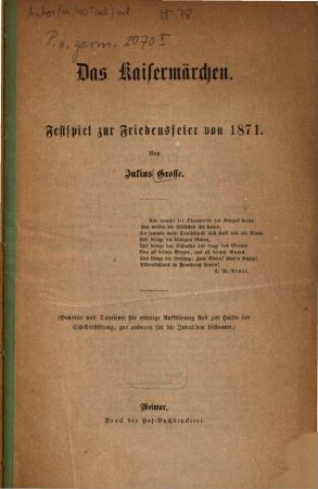 Das Kaisermärchen : Festspiel zur Friedensfeier von 1871