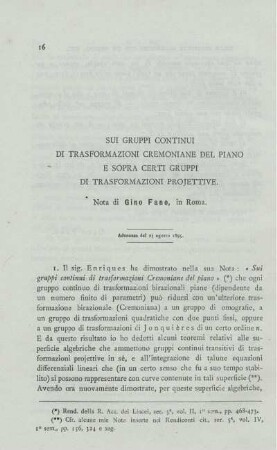 Sui gruppi continui di transformazioni cremoniane del piano e sopra certi gruppi di trasformazioni projettive.