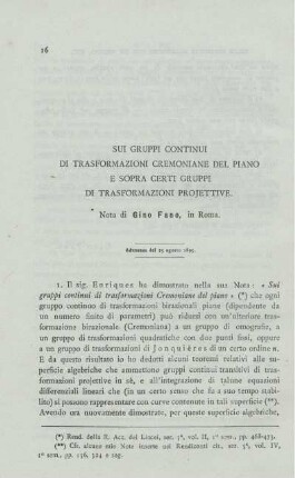 Sui gruppi continui di transformazioni cremoniane del piano e sopra certi gruppi di trasformazioni projettive.