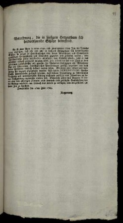 Verordnung, die in hiesigem Herzogthum sich hervorthuende Schätze betreffend : Zweybrücken den 26ten Febr. 1765.