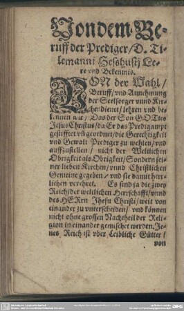 Von dem Beruff der Prediger, D. Tilemanni Hesshusti Lere und Bekentnis