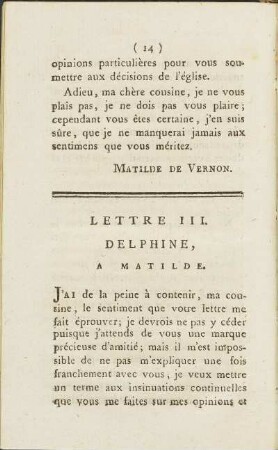 Lettre III. Delphine, A Matilde