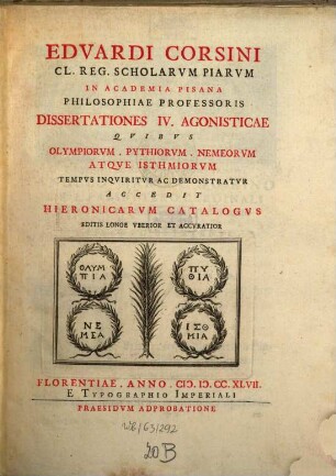 Dissertationes 4 agonisticae, quibus Olympiorum ... tempus inquiritur