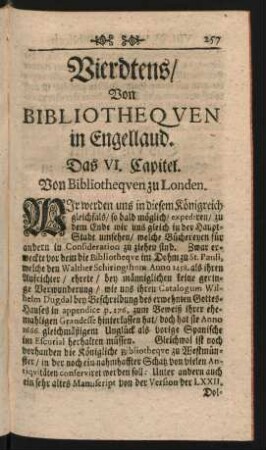 Vierdtens/ Von Bibliothequen in Engelland.