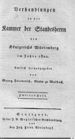 1,2: Landtag Württemberg - Kammer 1, Protokolle, 1820, Bd. 2