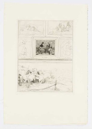 Ängstlicher Hund; Wasserträgerinnen; Fuchs und Elster; zwei Männer beim Brettspiel; antike Darstellung von Mutter und Kind; Wölfe greifen eine Herde Pferde an; Blatt 7 der Folge "Exposition des Beaux-Art 1868"