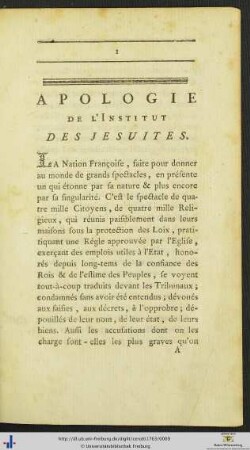 Apologie (généreale) De L’Institut Des Jesuites