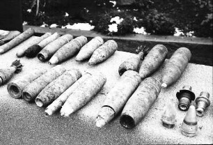 Breisach: Rheinwald bei Breisach; Kampfmittelbeseitigung, auf Tisch zusammengetragene Munition, ohne Personen