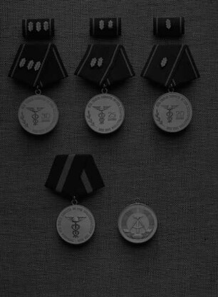 Medaille für treue Dienste in der Zollverwaltung der Deutschen Demokratischen Republik : Medaille für treue Dienste in der Zollverwaltung der Deutschen Demokratischen Republik, verliehen in sechs Stufen (31,5 mm Durchmesser; 1967 gestiftet). Oben: Medaillen der Stufen IV bis VI (vergoldet) für 30, 25 und 20 Jahre Dienstzeit (Avers) an grüner Spange (fünfeckig, 24 mm breit) mit vergoldeten Eichenblättern inklusive Interimsspange. Unten: Medaille der Stufe I, II oder III (Bronze, versilbert oder vergoldet) an grüner Spange (fünfeckig; 24 mm breit). Avers und Revers
