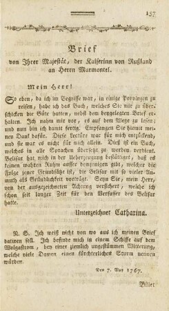 Brief von Ihrer Majestät, der Kaiserinn von Rußland an Herrn Marmontel.