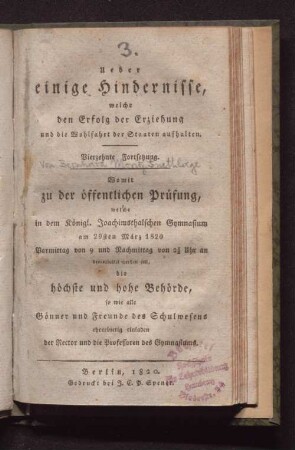 29sten März 1820 ... der Rektor und die Professoren des Gymnasiums