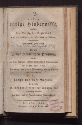 29sten März 1820 ... der Rektor und die Professoren des Gymnasiums