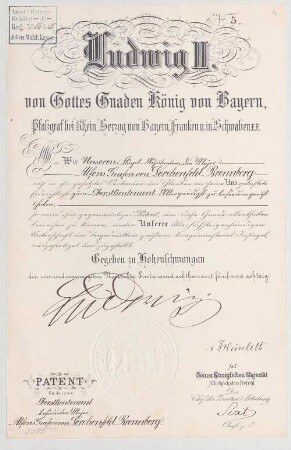 Ludwig II. von Bayern (1845 - 1886) Autographen: Brief von Ludwig II. an Alfons von Lerchenfeld-Brennberg - BSB Autogr.Cim. Ludwig .4
