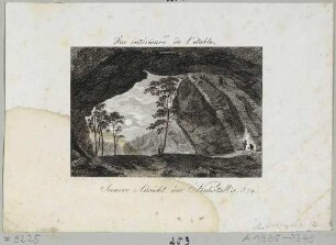 Das Felsentor Kuhstall auf dem Neuen Wildenstein zwischen Schmilka und dem Kirnitzschtal in der Sächsischen Schweiz nach Südwesten, aus Brückners Pitoreskischen Reisen um 1800