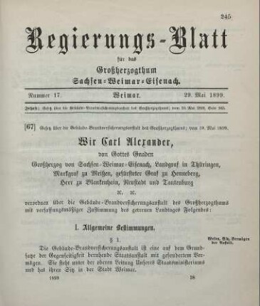 67. Gesetz über die Gebäude-Brandversicherungsanstalt des Großherzogthums