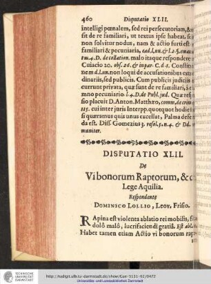 Disputatio XLII. De Vibonorum Raptorum, & de Lega Aquilia