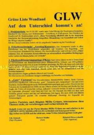 Propagandaflugblatt der Grünen Liste Wendland zur Kommunalwahl 2001
