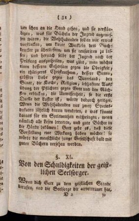 §. XI. Von den Schuldigkeiten der geistlichen Seelsorger.
