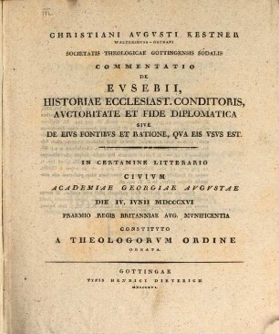 Commentatio de Eusebii, Historiae ecclesiae conditoris, auctoritate et fide diplomatica