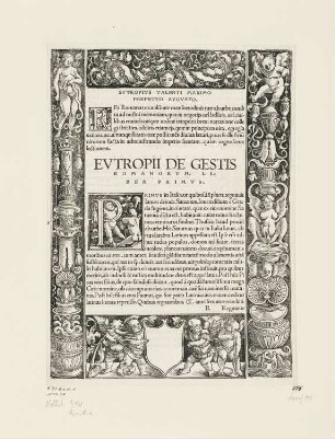 Teileinfassung mit einem leeren Wappenschild und vier Putti, aus "Eutropius de gestis Romanorum", 1516