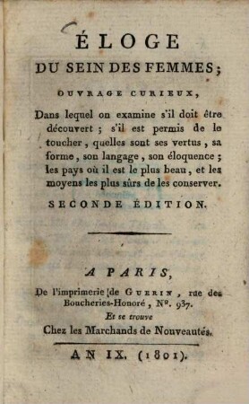 Éloge du sein des femmes : ouvrage curieux ...