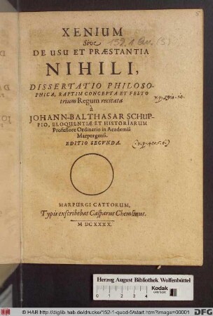 Xenium Sive De Usu Et Praestantia Nihil : Dissertatio Philosophica