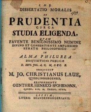 Diss. mor. de prudentia circa studia eligenda