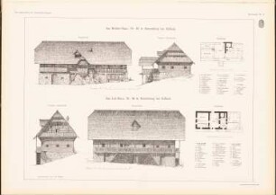Haus Hübler, Köflach. Judhaus, Köflach: Grundrisse, Vorderansicht, Seitenansichten (aus: Das Bauernhaus in Österreich-Ungarn, hrsg.v. Ingenieur- und Architektenverein, 1906)