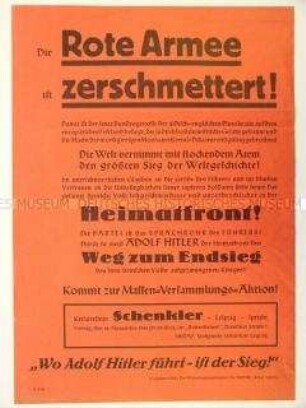 Propagandaflugblatt mit der Verkündung des "Sieges" über die Sowjetunion und Aufruf zu einer Massenversammlung