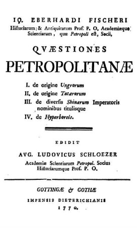 Io. Eberhardi Fischeri Qvµstiones Petropolitanµ