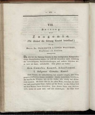 VIII. Beitrag zur Zoogonie. (Für diesmal die Gattung Kameel betreffend.)