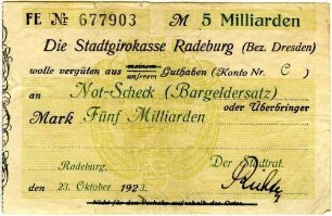 Not-Scheck (Bargeldersatz) über Fünf Milliarden Mark