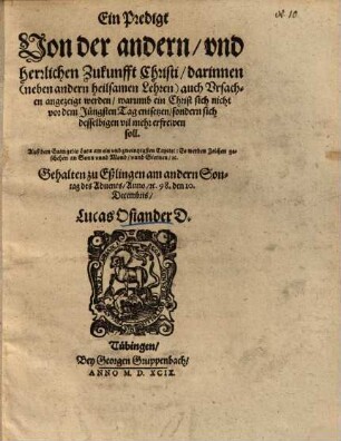 Ein Predigt von der andern ... Zukunfft Christi : ... über d. Evang. am 2. Adventssonntag
